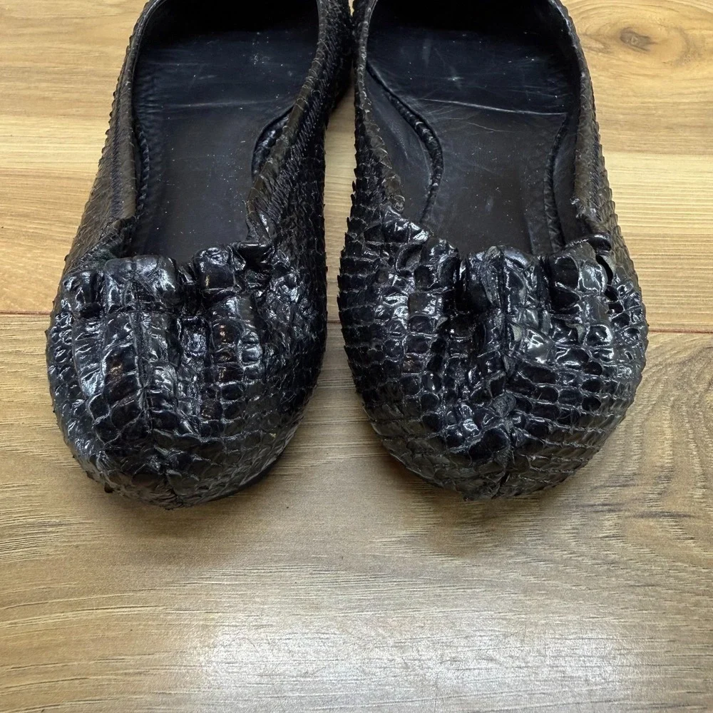 Tory Burch Reva Flats Black Womens 9 M Black Snake Embossed Gold Logo Office